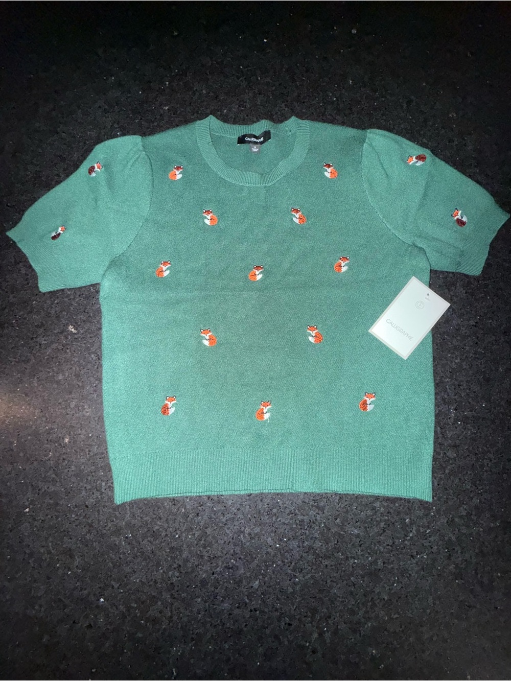 NEW ANTHROPOLOGIE CALLIGRAPHIE Green Short-Sleeve Sweater w/EMBROIDERED FOX SZ S